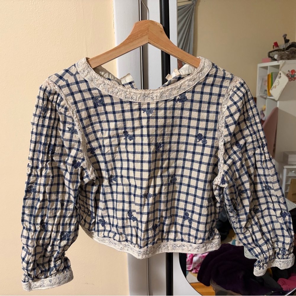 EUC Sezane Thalyna Blouse Blue Floral Embroidery On Vichy Fabric - Size 6